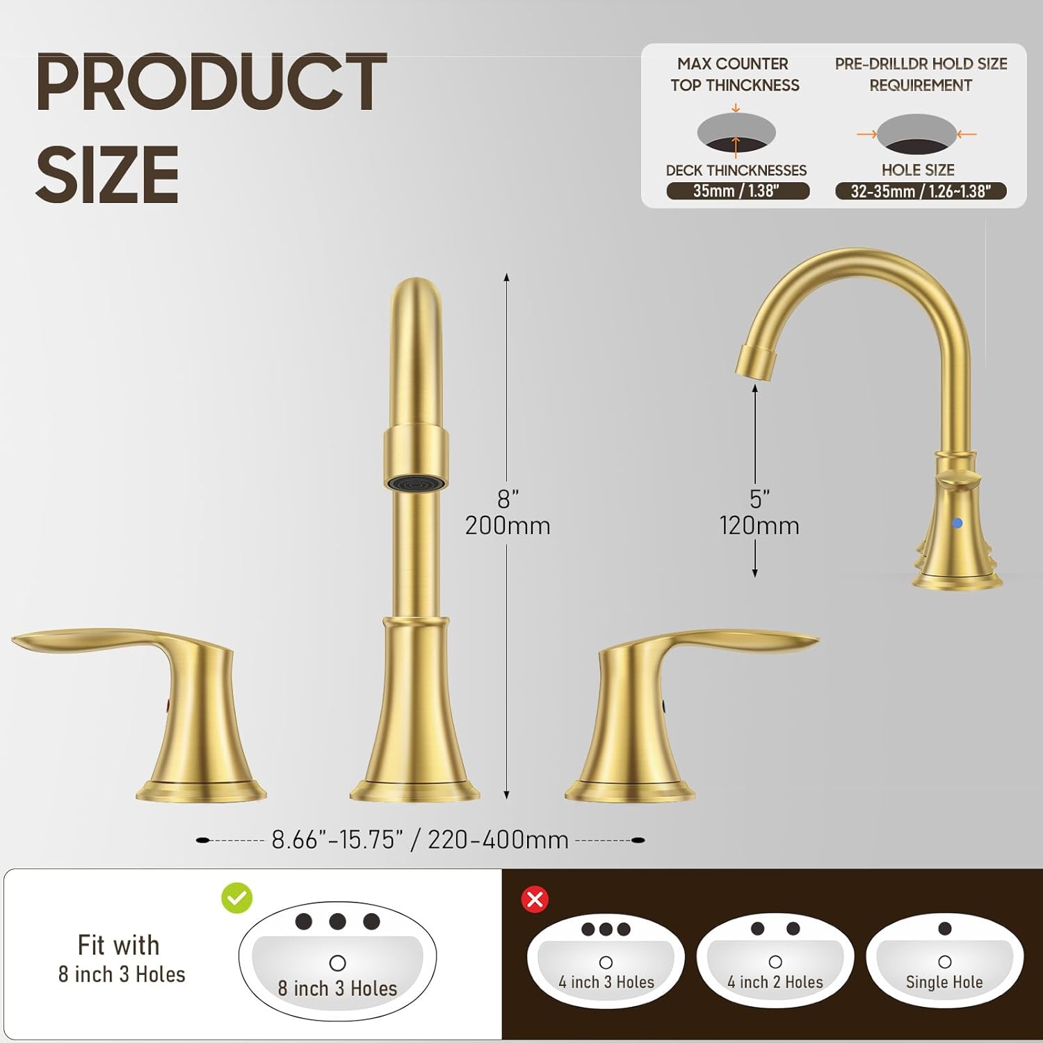 Phiestina Brushed Gold Widespread 8 Inch 3 Holes Bathroom Faucet，2 Handles Modern Bathroom Sink Faucet with Metal Pop-Up Drain & Water Supply Line, WFTY36-BG - Image 7