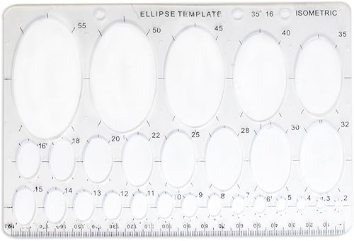 La mejor plantilla de elipse de plástico para artistas, 27 tamaños ovalados de 0.079 in a 180.4 ft, diseño compacto de 8 x 5 pulgadas con 3 agujeros