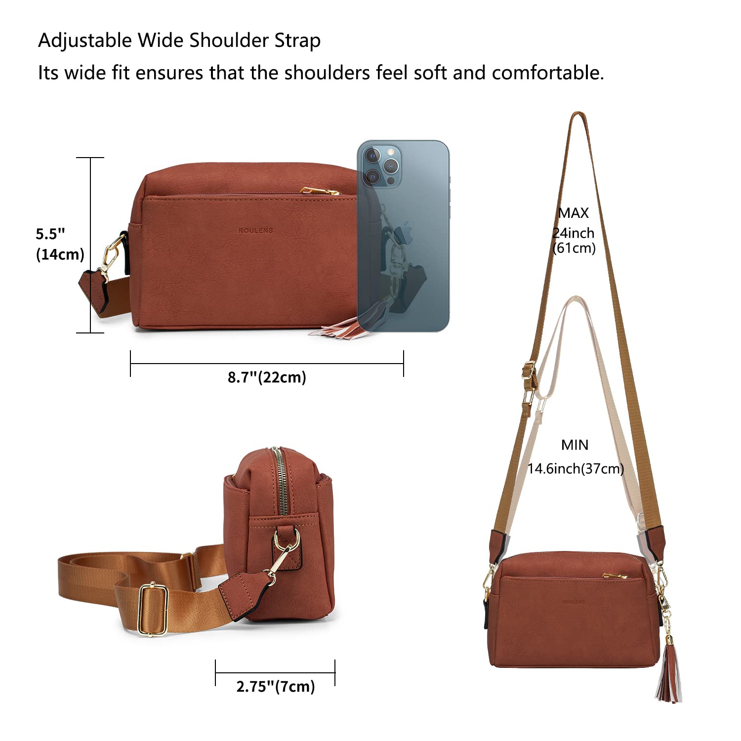 Roulens Piccola Borsa a Tracolla Donna con 3 Scomparti Capienti,Borsa Mano PU Pelle Messenger Crossbody Bag,Borsa a Spalla con Tracolla Ampia Regolabile e Rimovibile