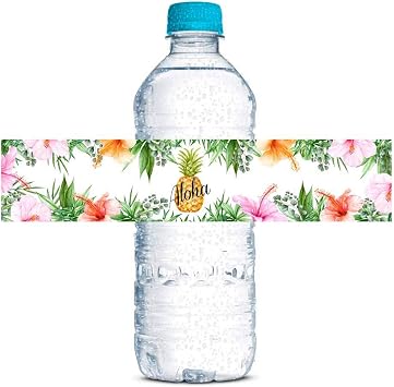Watercolor Pineapple Aloha Themed Luau Party Waterproof Water Bottle Sticker Wrappers, 20 1.75" x 8.5" Wrap Around Labels by AmandaCreation
