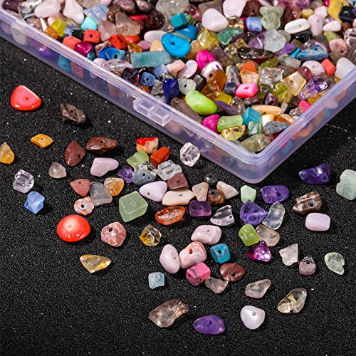 Natural Chip Stone Beads Colorful Stone Beads with Plastic Box, About 800 Pieces Irregular Gemstones Healing Crystal Loose Rocks Bead Hole Drilled DIY for Bracelet Jewelry Making Crafting, 5-8 mm
