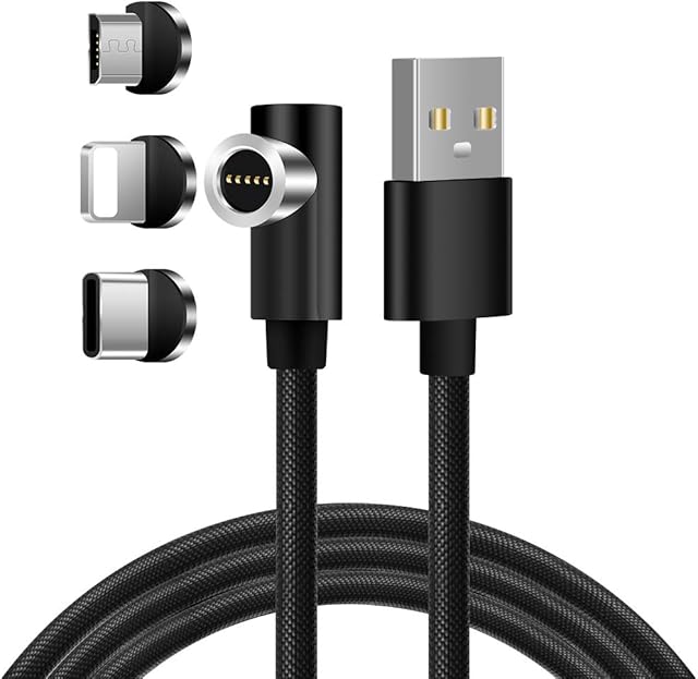 Magnetic Charging Cable, Lively Life 3 in 1 Magnetic Cable [3.9ft/1.2m] Multi Charger Cable 90 Degree Magnet USB Cable Fast Charger for Micro USB/Type C/Lightening - Angled Cable - Black