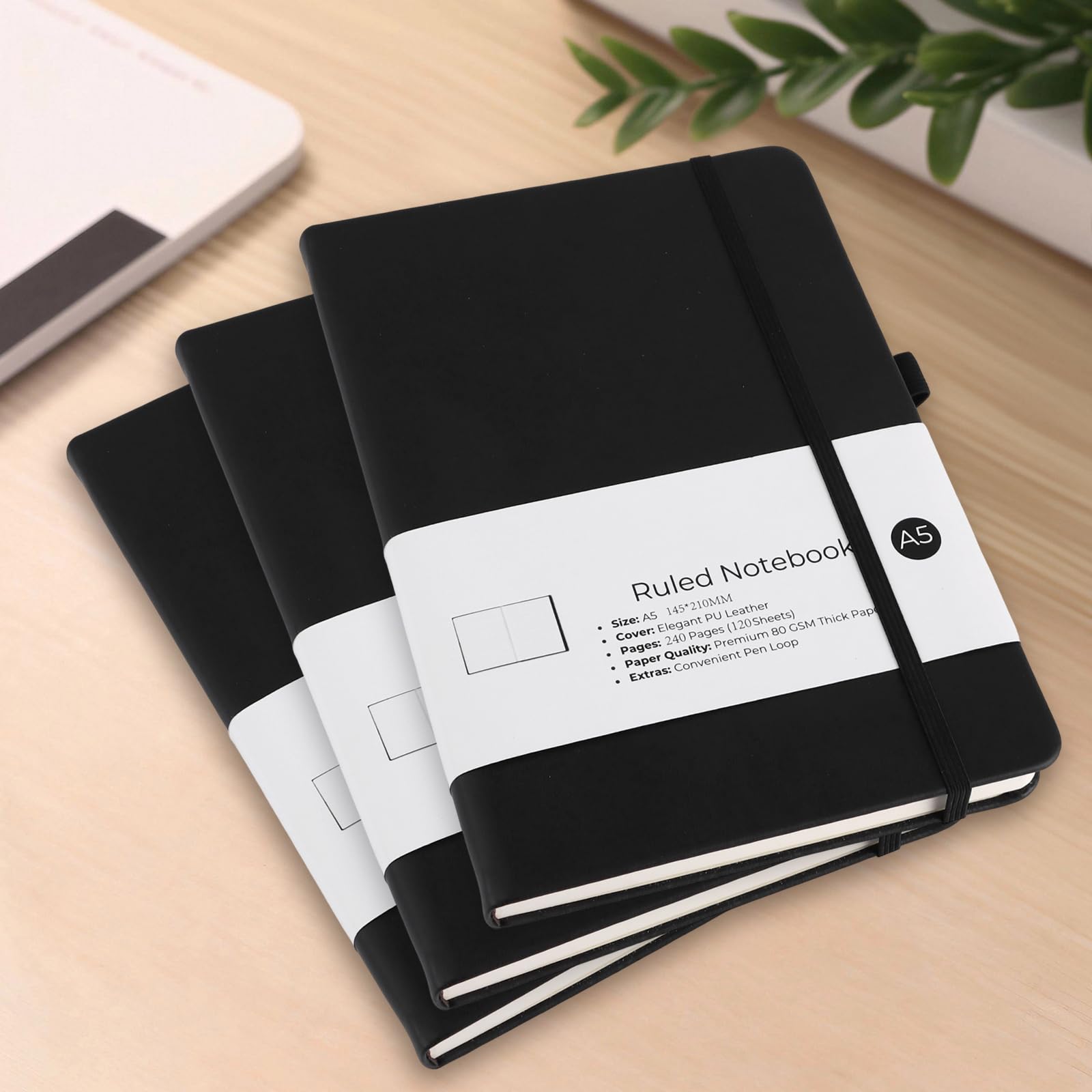 Lot de 8 Carnet A5 Noir, Carnet de Notes en Cuir PU 212x145 Mm, Cahier de Note 240 pages avec Porte-stylo, Élastique, Ruban Marque-page et Poche pour Bureau, École et Journal