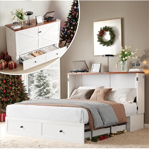 ijuicy Queen Murphy Bed with Storage & Multifunctional Charging Station, Modern Murphy Cabinet Bed with Foldable Panel, Space-Saving Beds for Guest Bedroom,Living Room(White & Brown,with Mattress)
