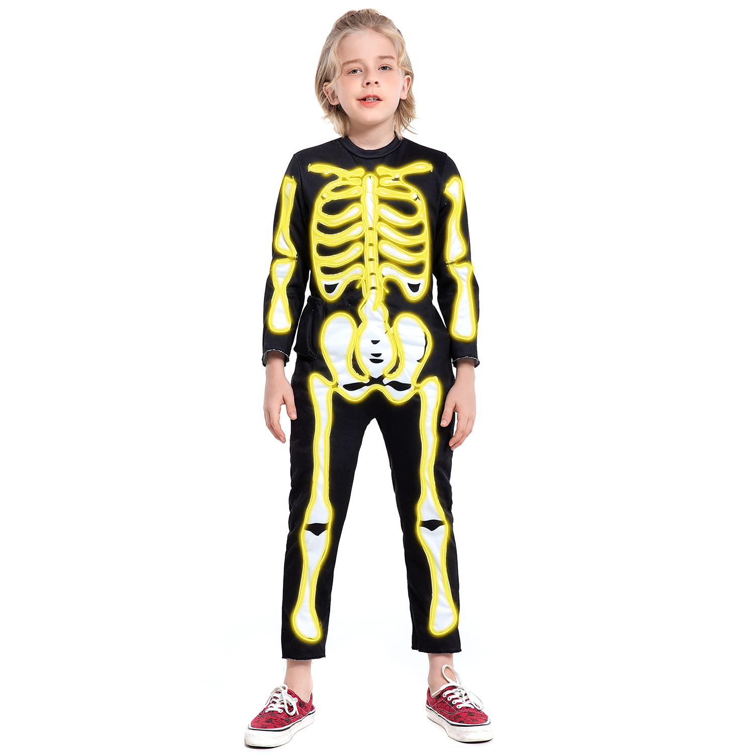 HSCTEK Light-up Child Skeleton Costume, Led Halloween Cosplay Boys Girls
