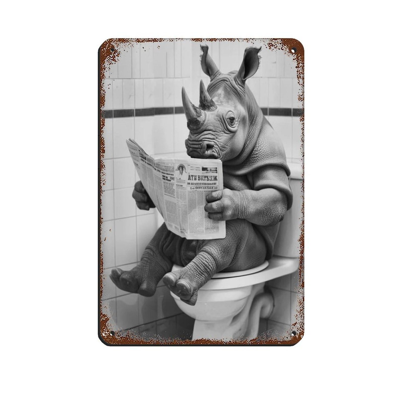 Rhino Sitting on The Toilet Reading A Newspaper (3) Tin Sign Vintage Metal Pub Club Cafe Bar Home Wall Art Decoration Poster Retro 8x12inch(20x30cm)