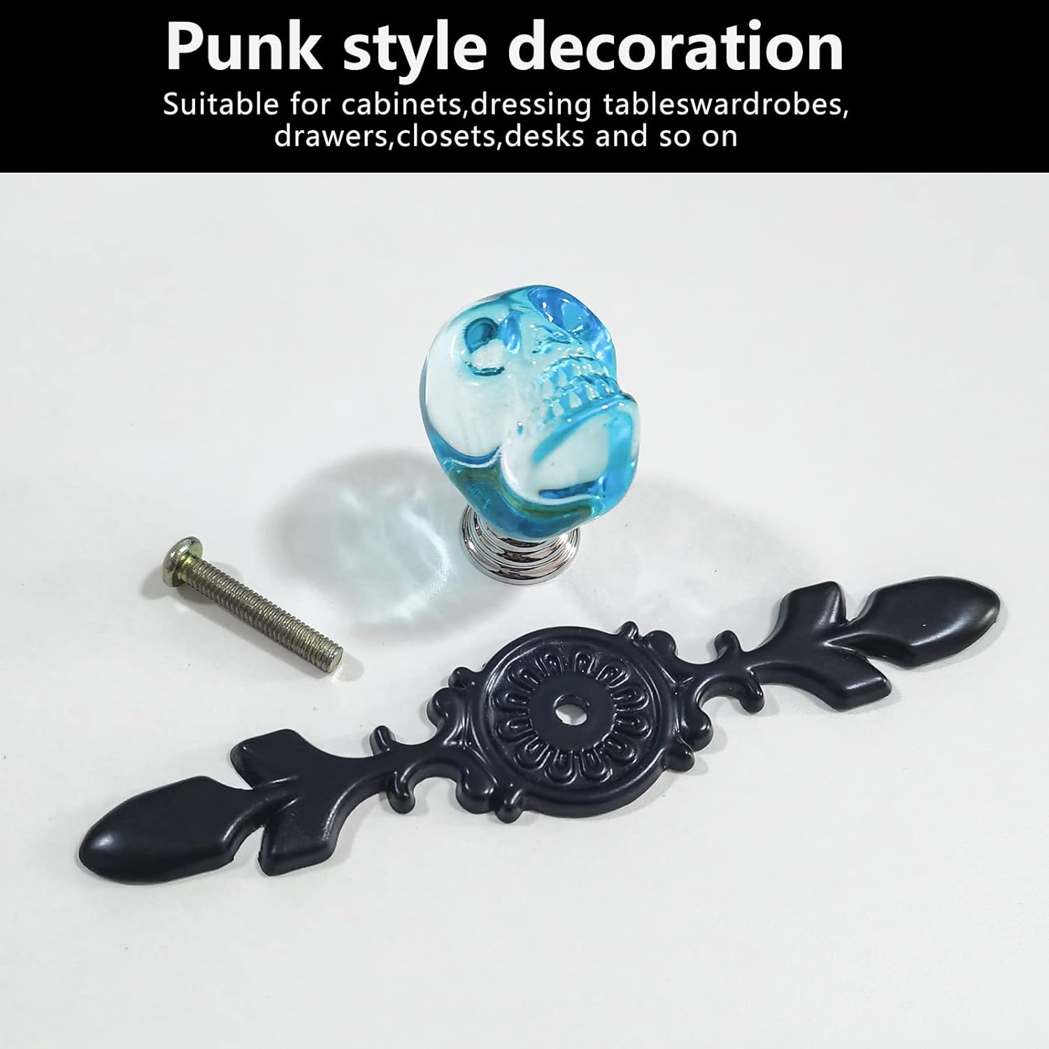 5 Pieces Skeleton Skull Head Chest Door Drawer Handles Knobs Single Hhole Crystal Cabinet Wardrobe Pull Handles (Blue)