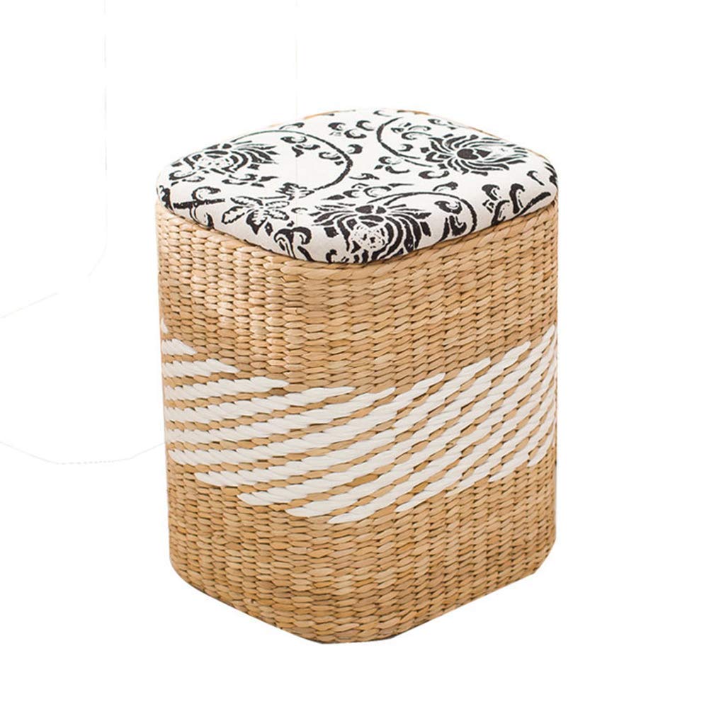 Pouf en rotin haut de gamme rayé de 40 cm avec coffre de rangement et assise adulte