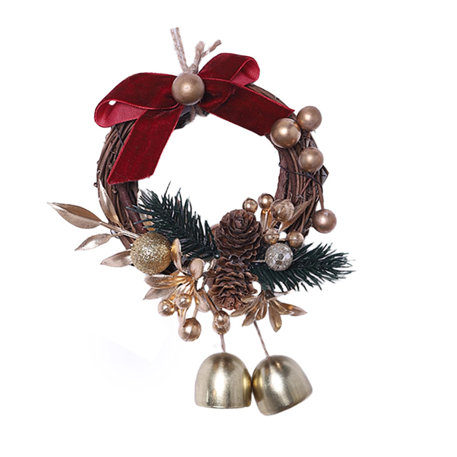 Holiday Hanging Wreath Decoration Bells Pinecone Bow Ornament Display Home Christmas Party Decors Christmas Rattan Wreath with Bells