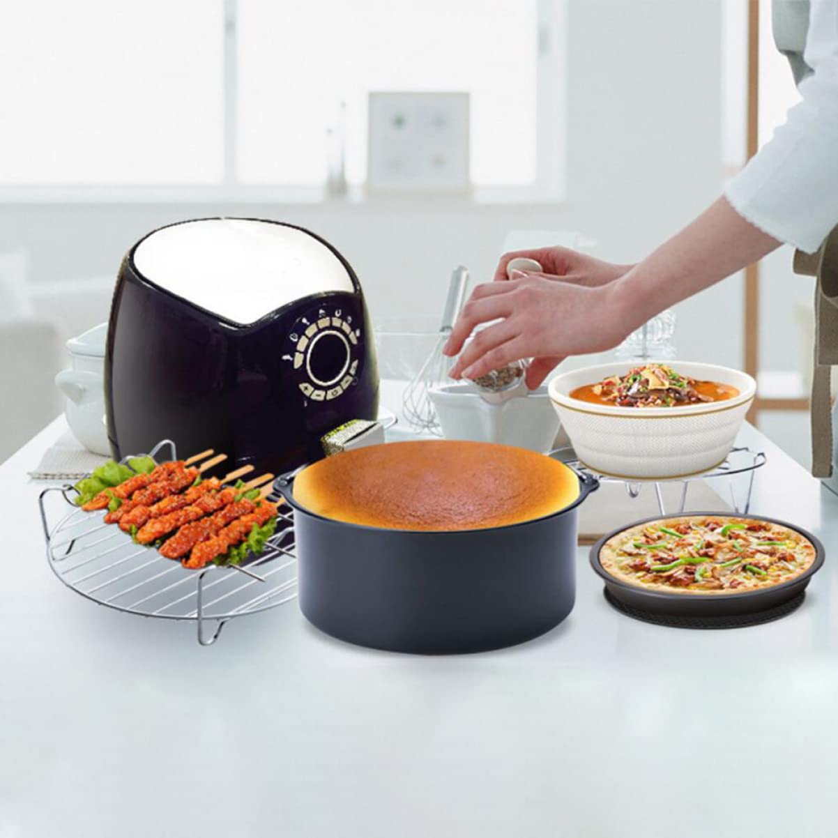 3 Pezzi Accessori per Friggitrice Ad Aria Set Teglia da Forno Griglia Rivestimento Antiaderente Griglia Vapore