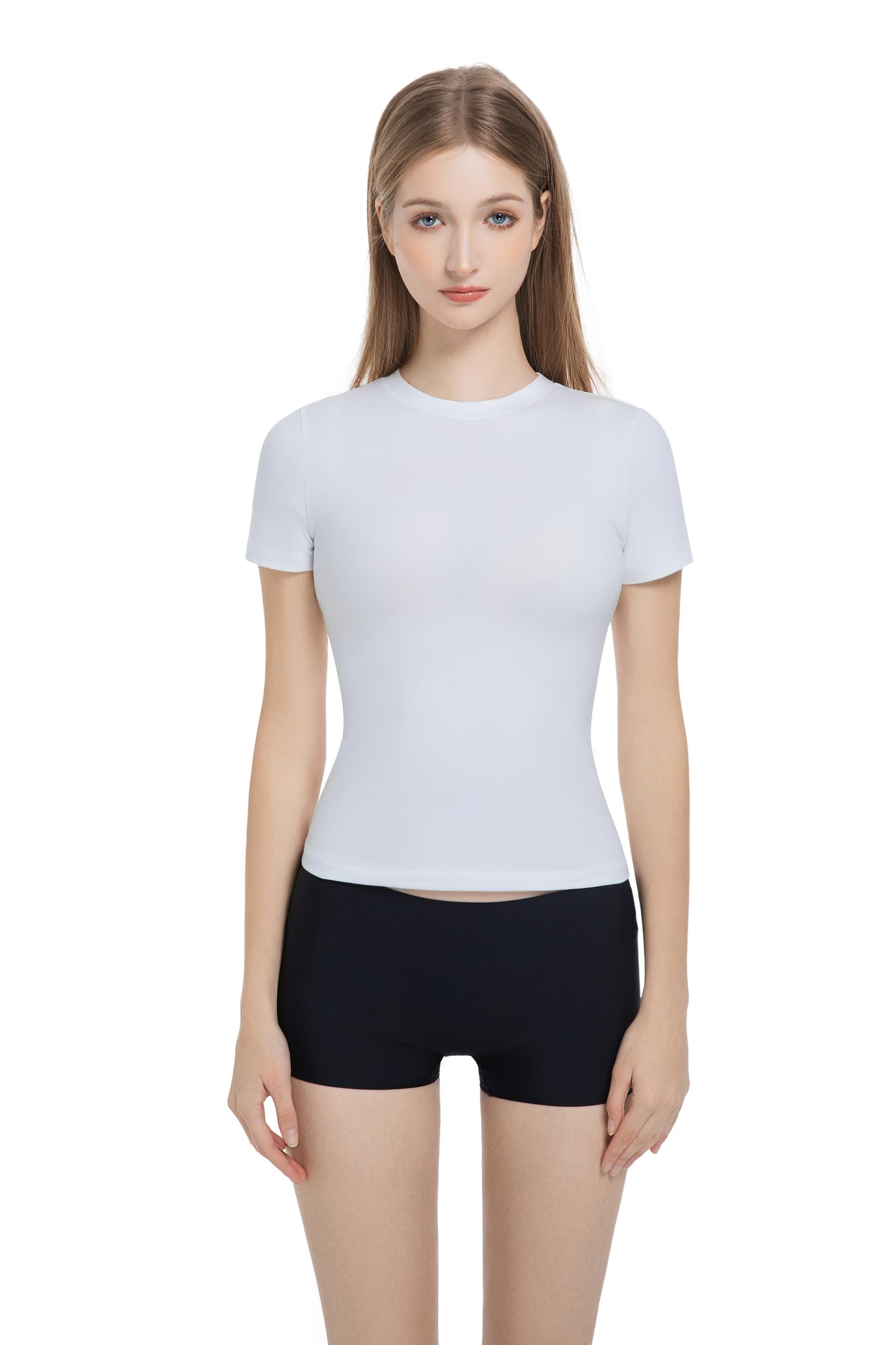 Gemonklee Women’s Fitted Crew Neck T-Shirt Stretchy Cotton Y2K Short Sleeve Tees for Workout Basic Tees Going Out Tops White