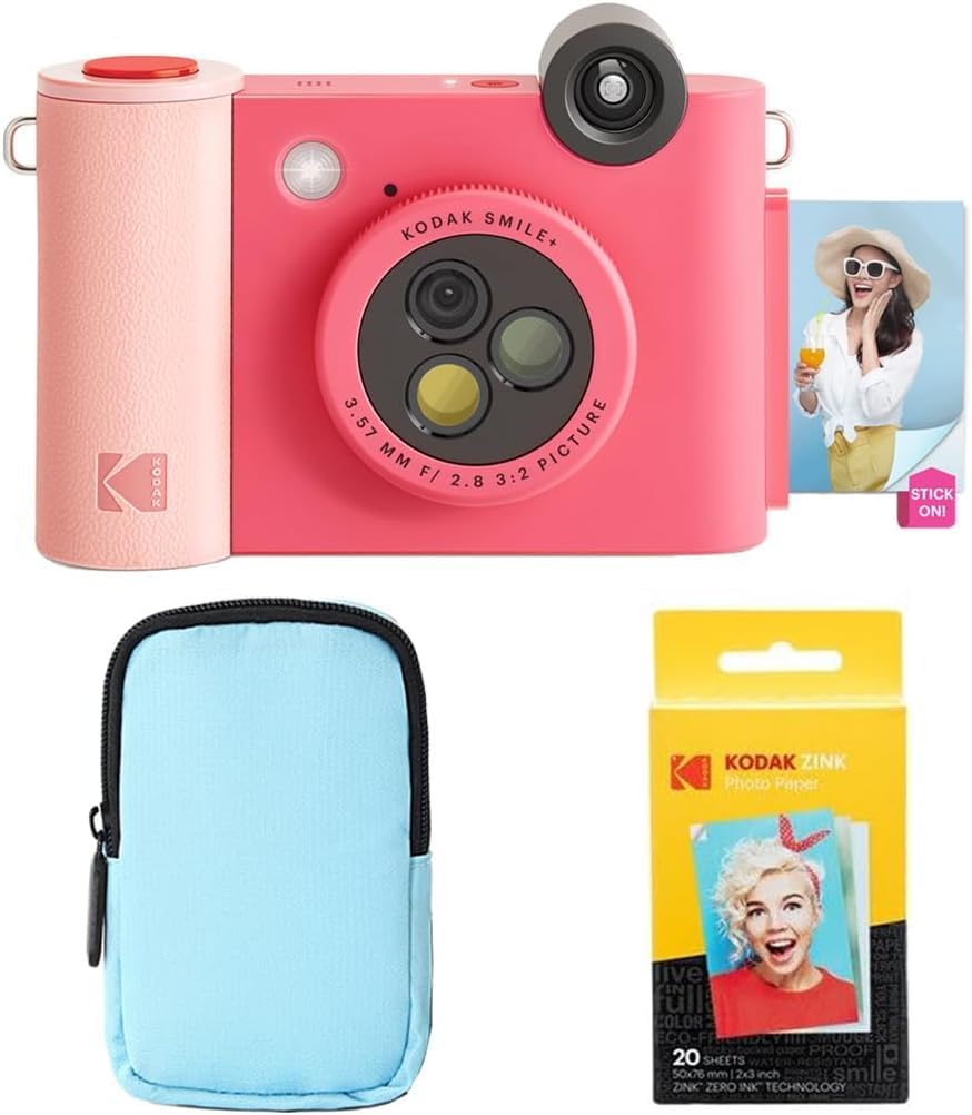 KODAK Smile+ 2-in-1 Digital Instant Print Camera & Wireless Bluetooth Photo Printer Starter Bundle + Deluxe Case + Zink 20pk Sticky-Back Photo Paper - 10MP, Special-Effect Rotating Lens - Fuchsia
