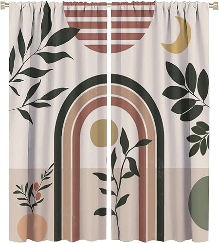 INSFBRB Cortinas opacas de arte abstracto y moderno de mediados de siglo para dormitorio, diseño rústico bohemio, arco de plantas, luna, tratamiento