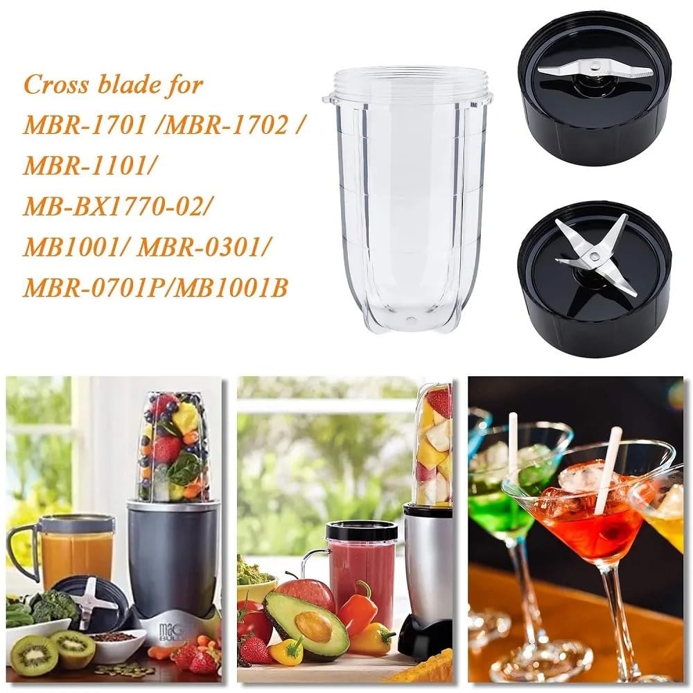 Zestaw 2 wysokich kubków o pojemności 16 uncji z kombinacją krzyżowych i płaskich noży do sokowirówki Magic Bullet Blender 250 W MB-1001 Wymienne ostrza do blendera