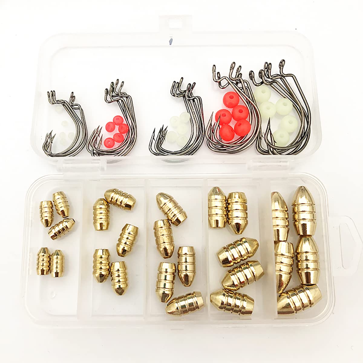 Brass Fishing Weights Kit - 10g 7g 5g 3.5g 1.8g Brass Hollow Sinkers Fishing Copper Weights with Hooks & Luminous Beads, Freshwater Saltwater Fishing Tackle [75PCS]