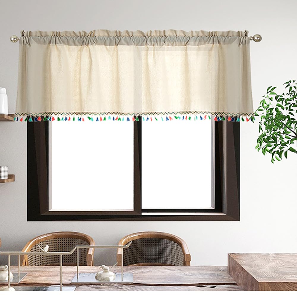Molaxhome Linen Valances for Windows,Boho Tassel Kitchen Valances for Windows,Country Rustic Window Treatments Tier Curtain for Bathroom Bedroom Decors Farmhouse (Beige-1, 52W x 18L)