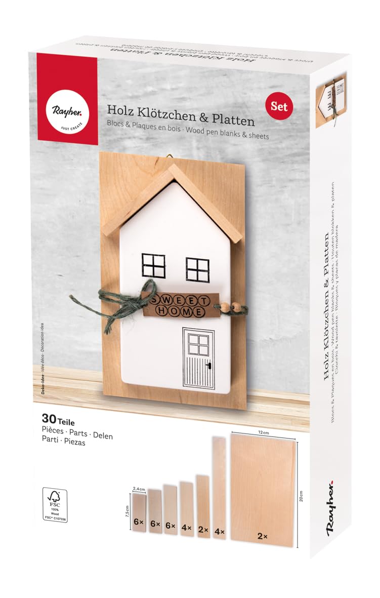 Rayher Wood pen blank set + sheets, FSC 100%, natural, assorted, 30 parts, box 1set, 64650505