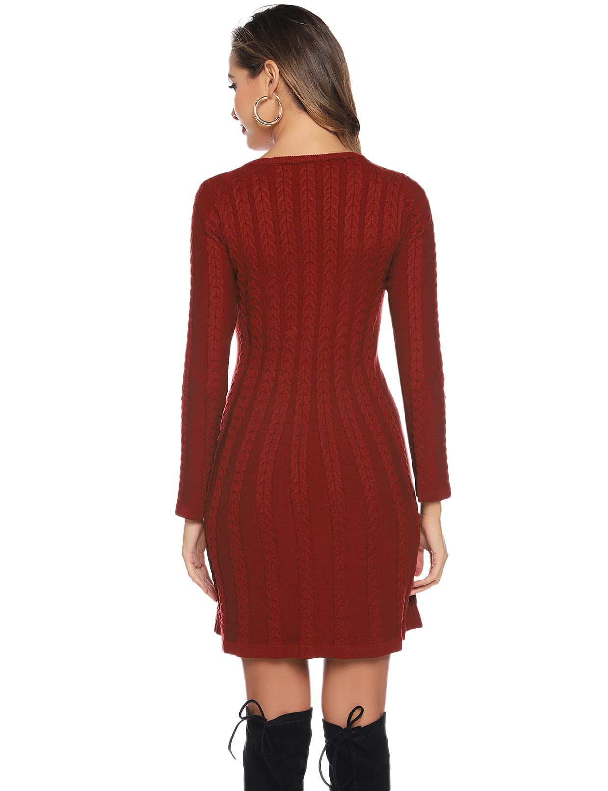 Gyabnw Vestito Casual Donna Invernale in Maglione Abito Vita Alta Elegante in Girocollo di Orlo Svasato Abito Linea A in Maglia al Ginocchio Caldo di Moda Treccia Ritorta