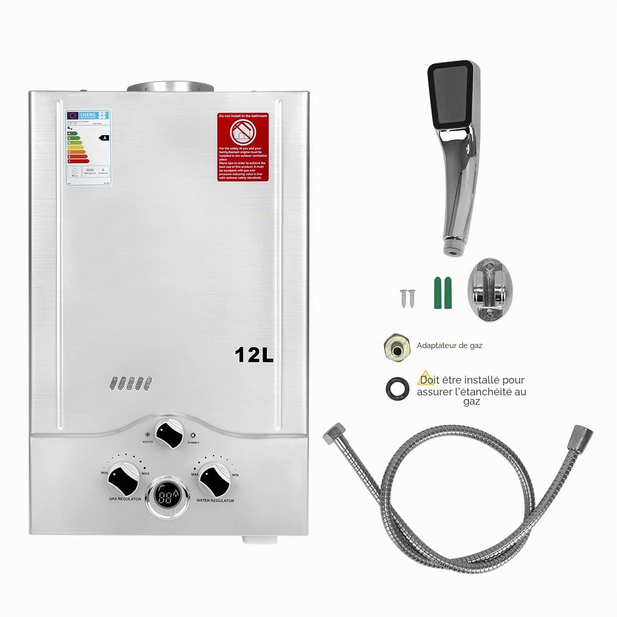 Chauffe-eau à Gaz 12LPM, Chauffe-eau Instantané Butane Propane avec une Pression d'Eau Requise Super Faible de 0,2 Bar pour Maison, Cabine, Caravane, Grange, Fonctionnant au GPL
