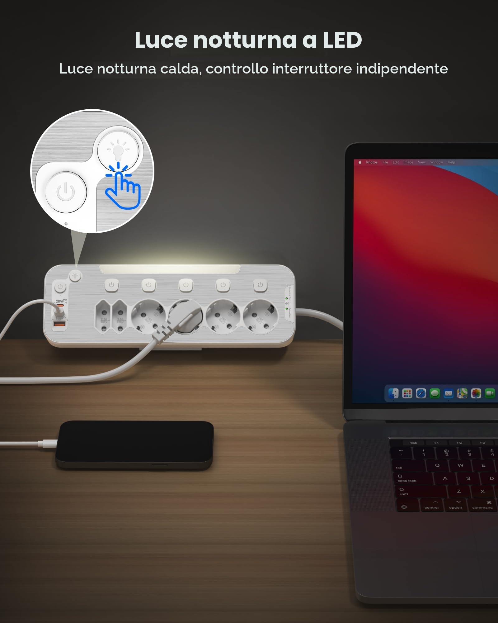 Ciabatta Multipresa da Scrivania,Multipresa Schuko Protezione Sovratensione | Presa Multipla Salvaspazio 6 Presa,Presa da Tavolo con USB C,Angolare Ciabatta Elettrica con Interruttore,Cavo 2 M,Bianco