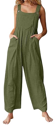 loveimgs Women's Loose Sleeveless Printed Bib Overalls Pockets Wide Leg Palazzo Pants Tank Jumpsuit - X-Large - Army Green