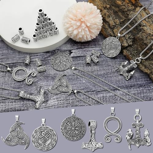 30 Pcs Norse Viking Runes Necklace Amulet Protection Pendant Hair Beard Beads Thor Hammer Jewelry for Men Women DIY3