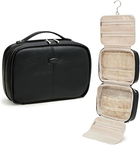 Miniatura 10 de Neceser colgante, bolsa de maquillaje de viaje de piel sintética para mujer, organizador de maquillaje con 4 compartimentos, impermeable, tamaño
