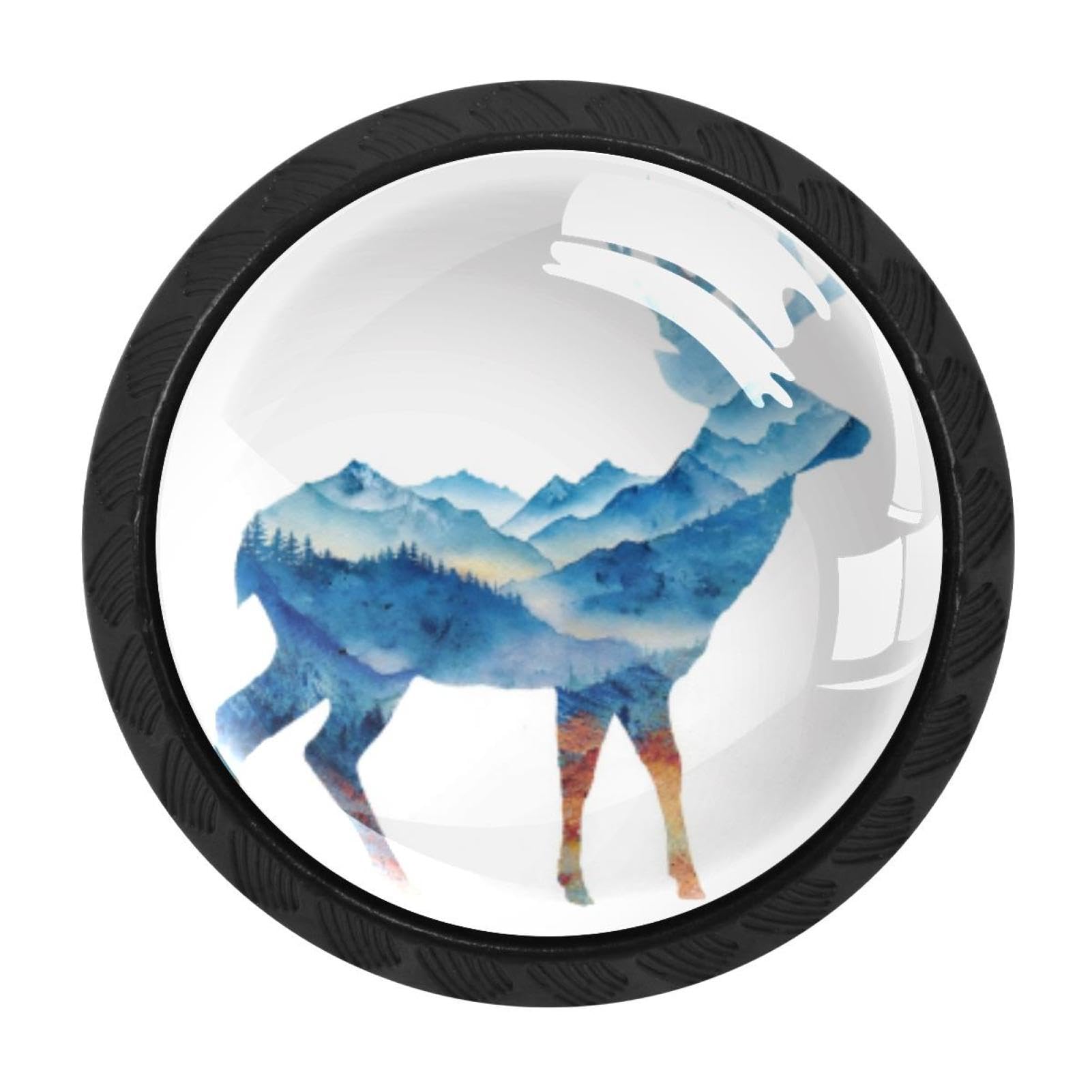 CHENZZZZ 4 Pack Black Watercolor Mountain Deer (2) Cabinet Pulls with Screws, Kitchen Cabinet Knobs Hardware