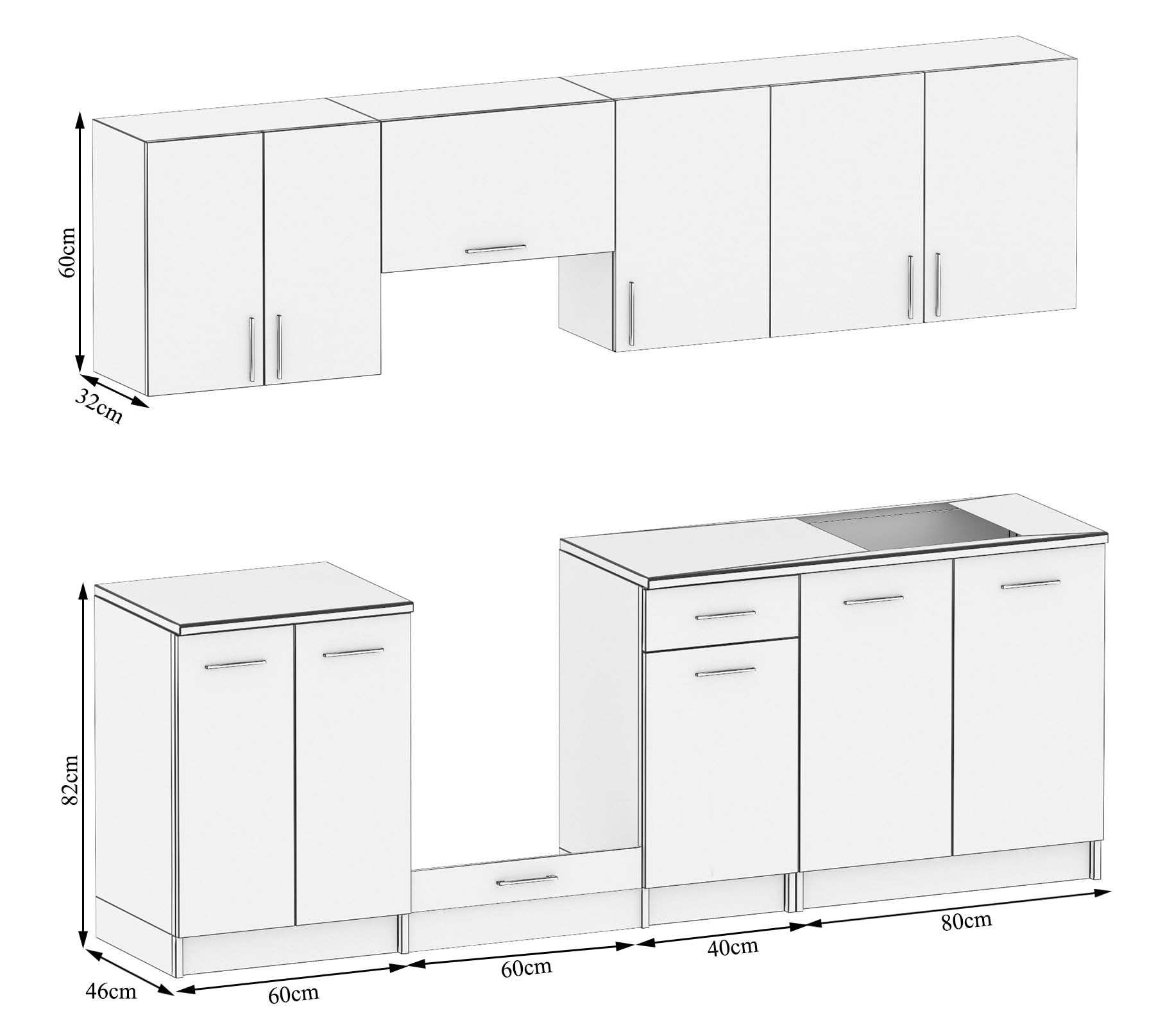 Moderne Küchenzeile ohne Elektrogeräte in Weiß Hochglanz - Einbauküche mit viel Stauraum - Erweiterbares 2,4-m-Set inkl. Arbeitsplatten in Weiß - 240 x 82 x 46 cm (B/H/T)