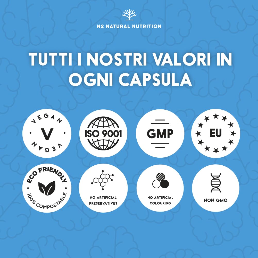 Nootropico Naturale con Ginkgo Biloba 1140mg + Caffeina + Bacopa Monnieri. Integratore Concentrazione per Memoria con Vitamine, Aumenta Energia e Riduce Stress. Vegan 60 capsule. N2 Natural Nutrition