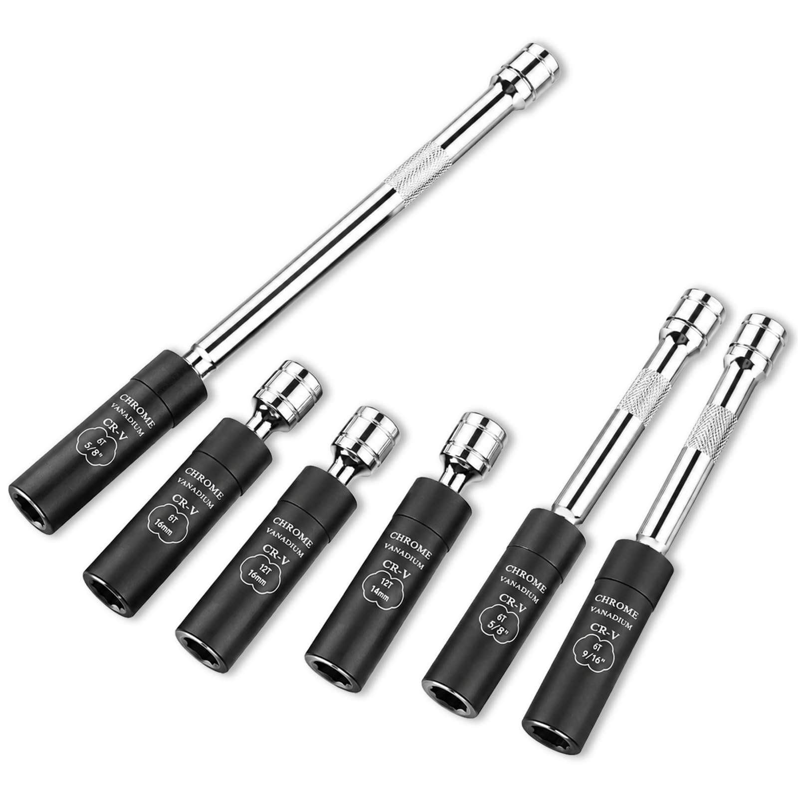 TAGVIT 3/8” Magnetic Swivel Spark Plug Socket Set, Include 12-Point 14MM 4-inch, 5/8-inch 4-inch, 9/16-inch 6-inch,13/16-inch 6-inch 5/8-inch 11-inch