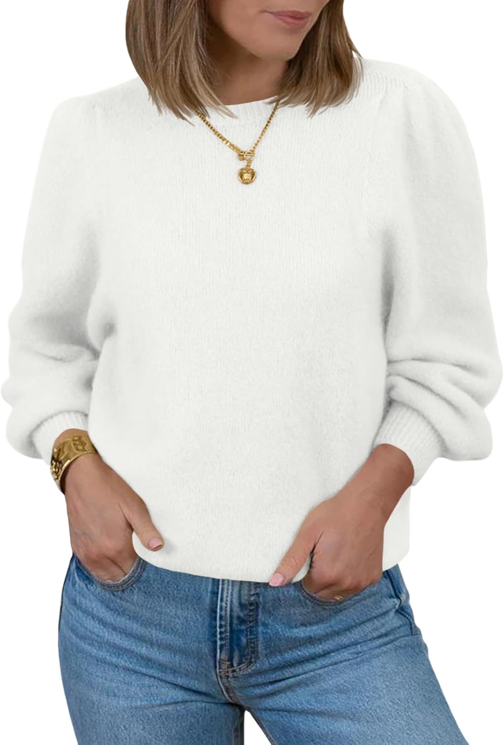 Saodimallsu Womens Puff Long Sleeve Sweaters Fall Crew Neck Cozy Soft Knit Loose Casual Pullover Tops