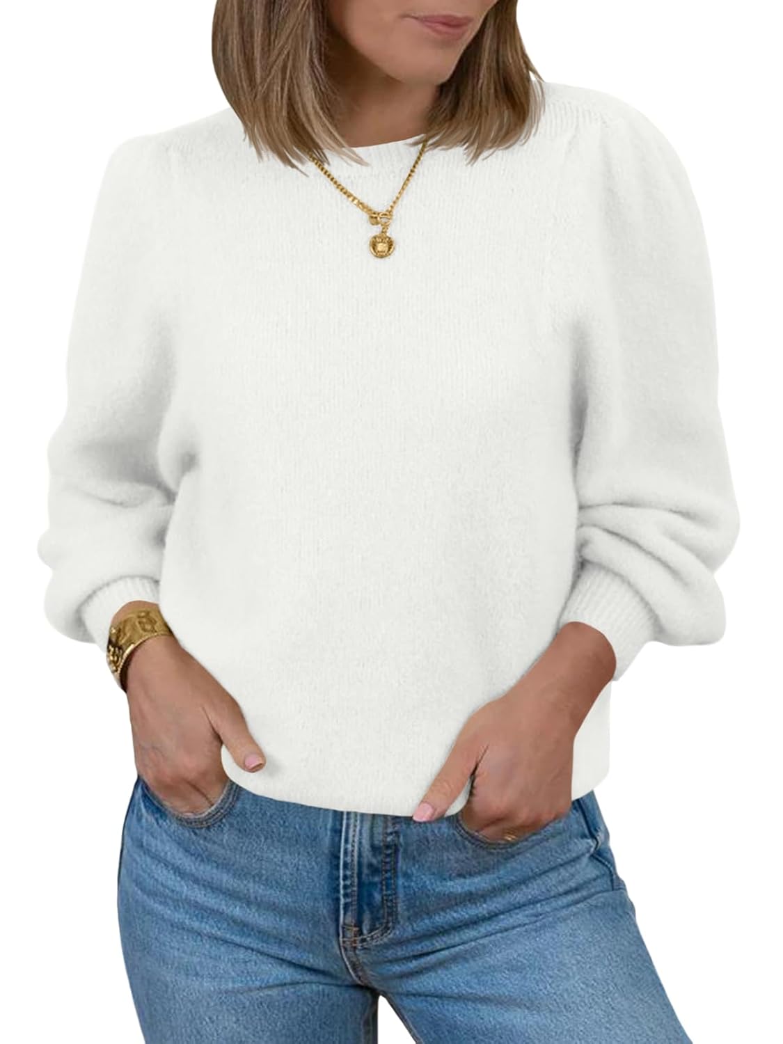 Saodimallsu Womens Puff Long Sleeve Sweaters Fall Crew Neck Cozy Soft Knit Loose Casual Pullover Tops