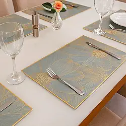 Kit com 6 Jogos Americanos 45x30 cm em PVC, Antiderrapante, Resistente ao Calor e Fácil de Limpar, Ideal para Mesa Posta, Decoração, Refeições, Festas e Uso Diário na Cozinha (Azul e Dourado)