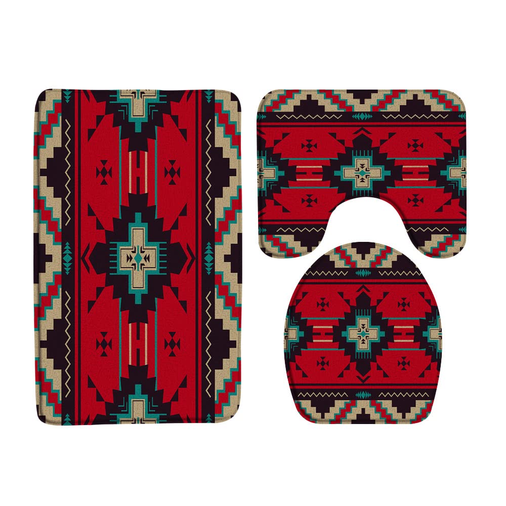 ZKJSMGS Aztec 3 Piece Bathroom Rug Sets,Western Boho Geometric Native American Tribal Abstract Navajo Ethnic Southwestern Red 16"x24"Bath Mat,Toilet
