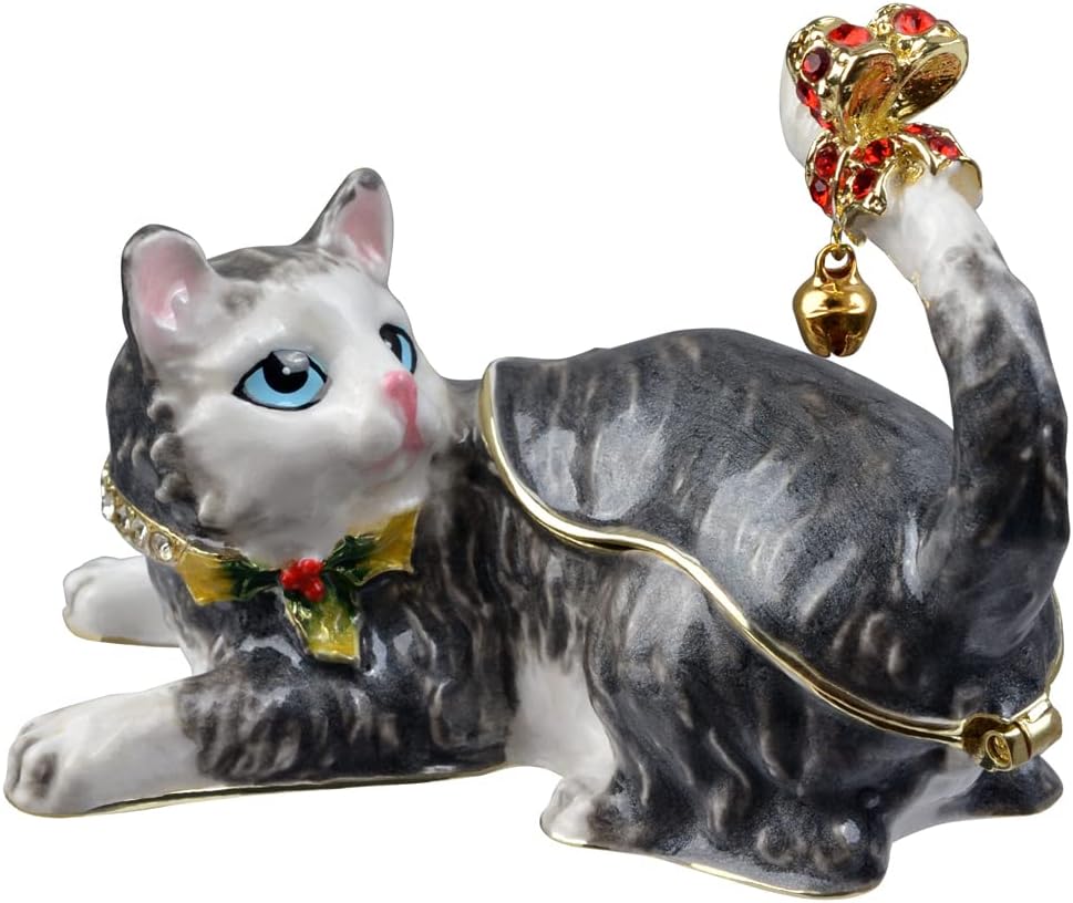 Cat Trinket Box with Golden Jewelry Enamel Design, Animal Home Décor & Gift for Cat Lovers