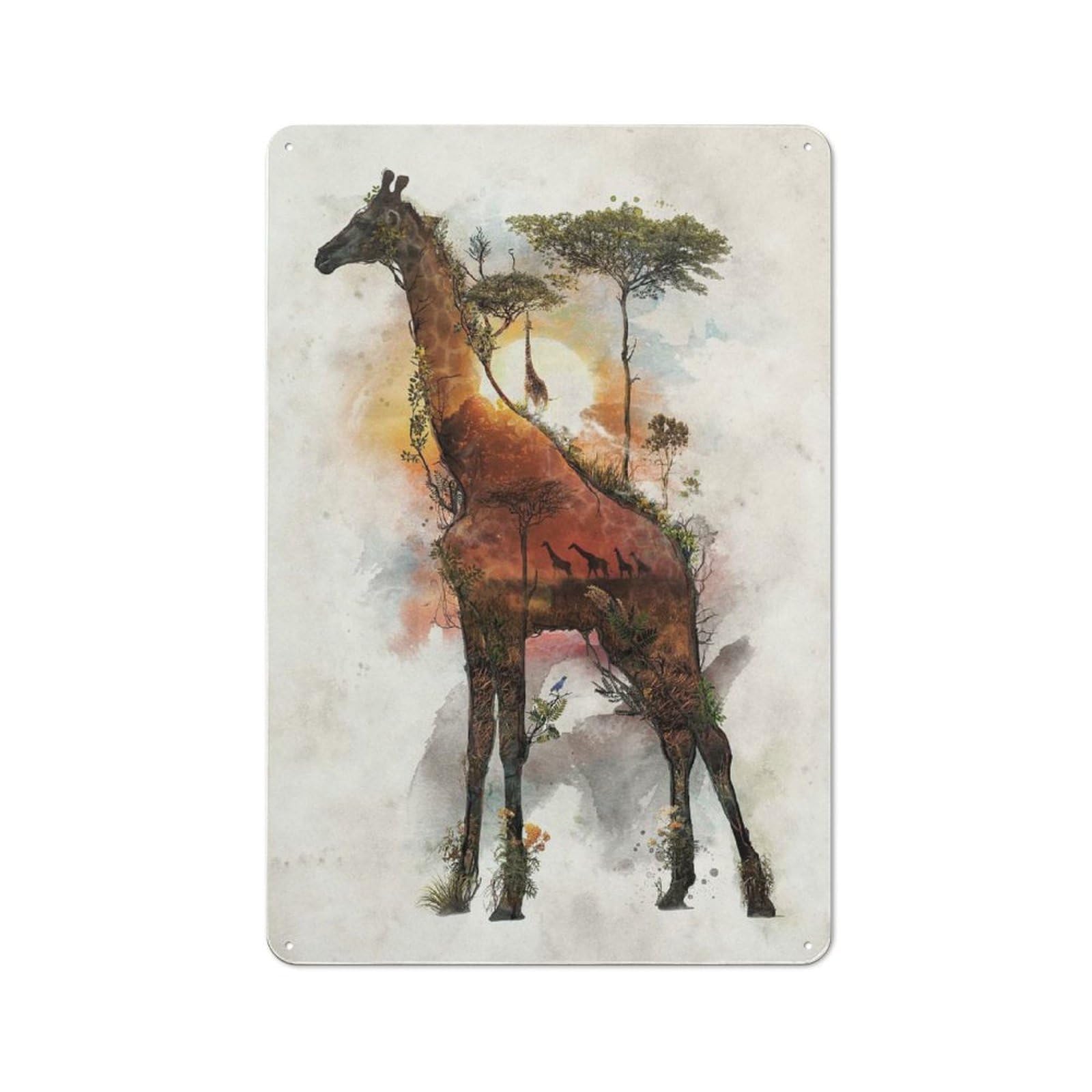Junmoney Style Vintage Metal Plaque 30X20cm Featuring Giraffe Surreal For Hallway Wall, For Wall Display Collectors