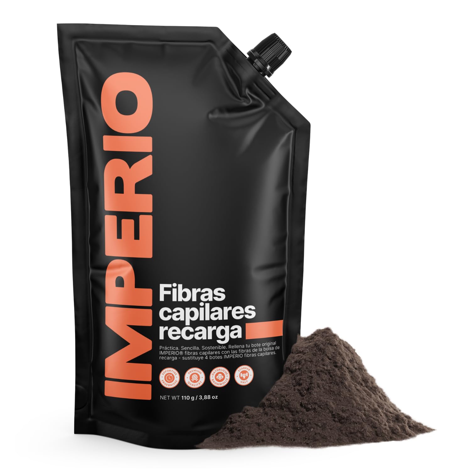 IMPERIO Paquete de recarga de pelo disperso, 110 g, con pelo a granel premium, paquete de recarga sostenible con práctico cierre, fácil llenado de la lata de fibras de pelo (marrón oscuro, 110 g)