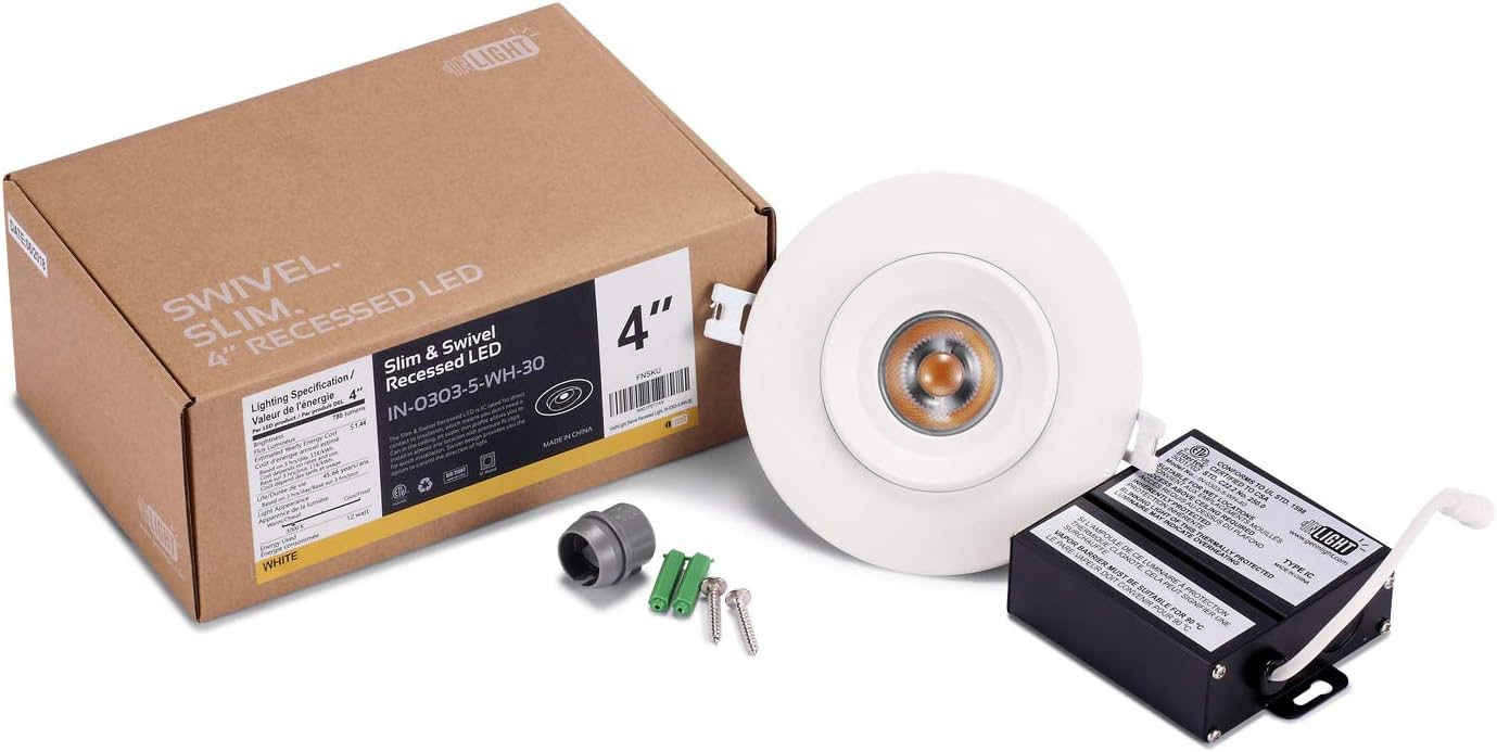 GETINLIGHT Swivel and Dimmable 4 Inch LED Recessed Lighting, Round Ceiling Panel, Junction Box Included, 3000K(Soft White), 12W(60W Equivalent), 780lm, White Finished, cETLus Listed, IN-0303-5-WH-30