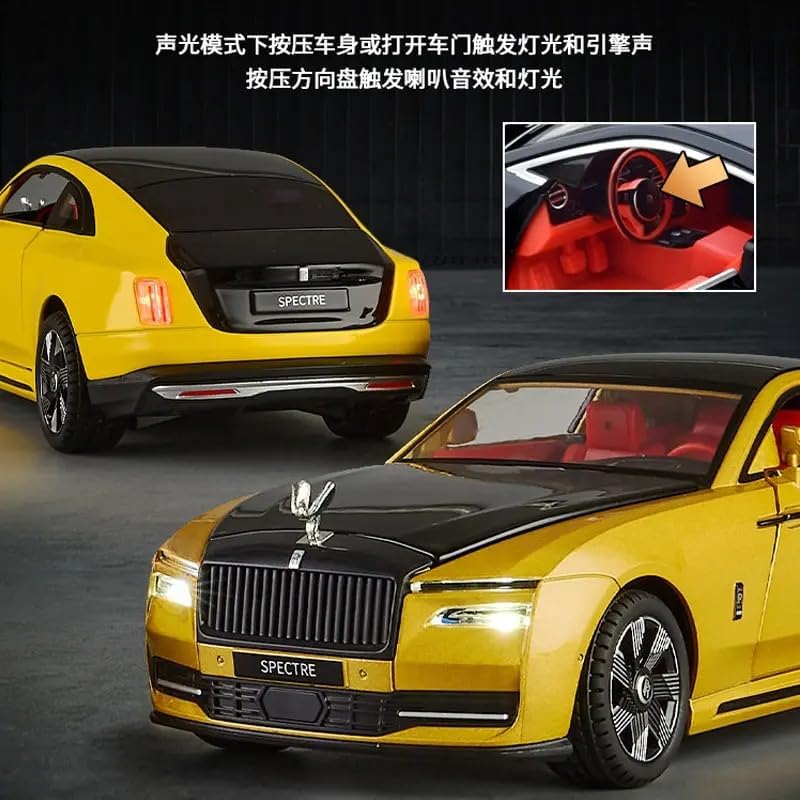 Image of BlackZone Compatible for 1 /24 Scale Rolls Royce Spectre Diecast Model Car Toy, Zinc Alloy Pull Back car with Openable Doors, Sound and Light Car Toy for Kids Boys and Girls (1:24 Spectre - Yellow)