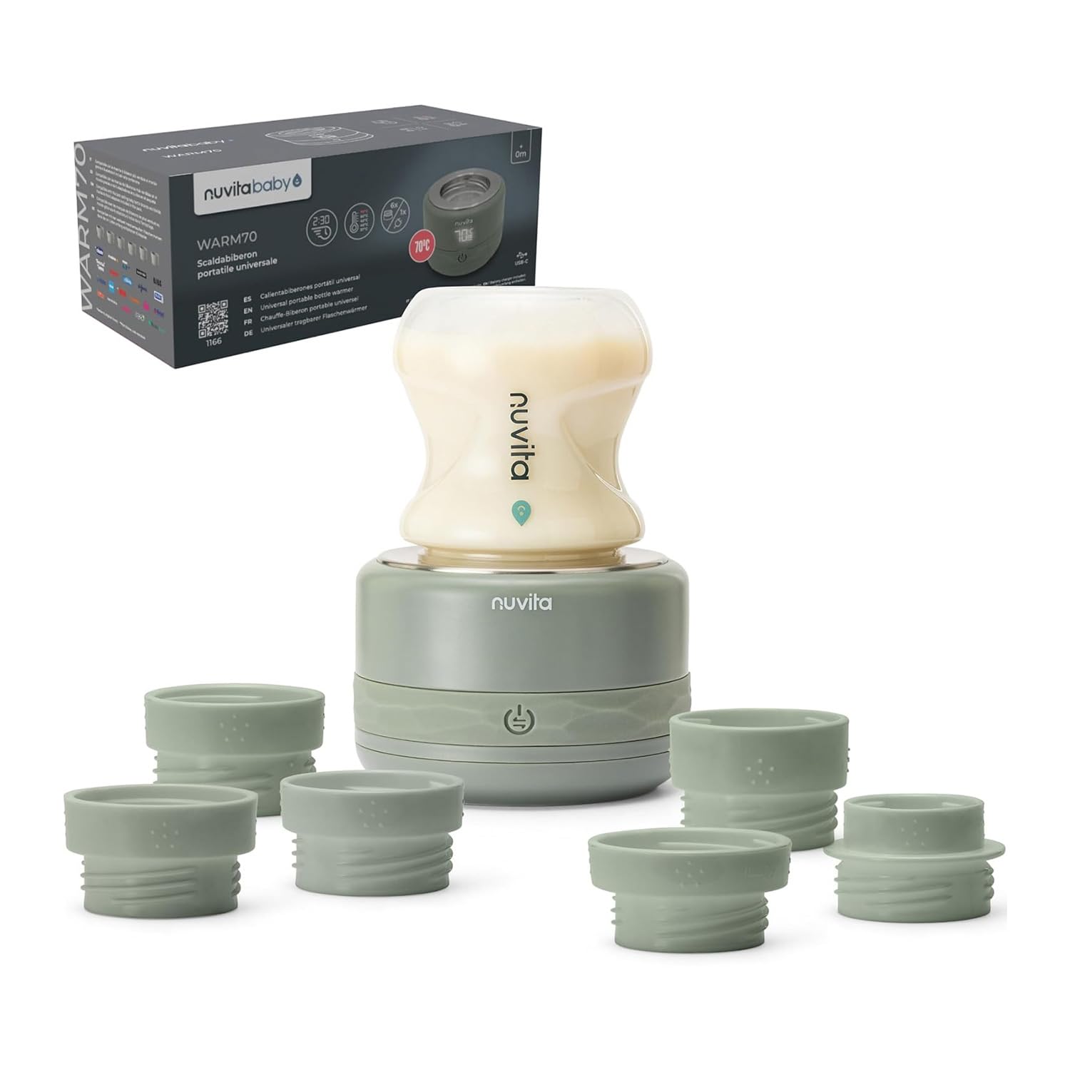 Nuvita 1166 Warm70 bezprzewodowy podgrzewacz do butelek 70°C – ładowanie przez USB, uniwersalny kompatybilny z 6 adapterami, 5 ustawień temperatury do 70°C, szybkie nagrzewanie w 2,5 min, utrzymuje