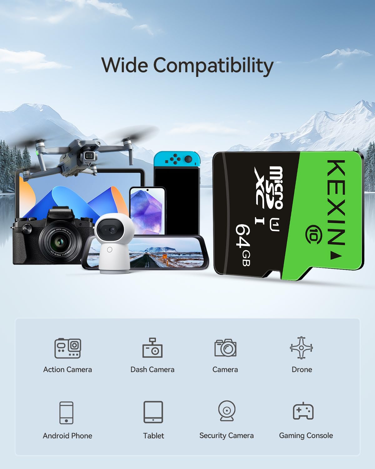 KEXIN Micro SD 64 GB, Schede Micro SD 64GB Set da 3 Scheda di Memoria, Scheda SD 64GB MicroSDXC, C10, U1, A1 Micro SD Card per Telefono Android, Switch, Gopro, Telecamera, Drone