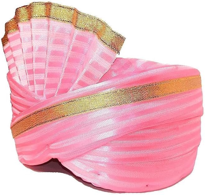 Indian Wedding Ceremony Cotton Silk Traditional Barat Swagat Turban Sehra Pagdi for Men and Women Wedding Item, (Pack Of 1) (Pink and Golden)