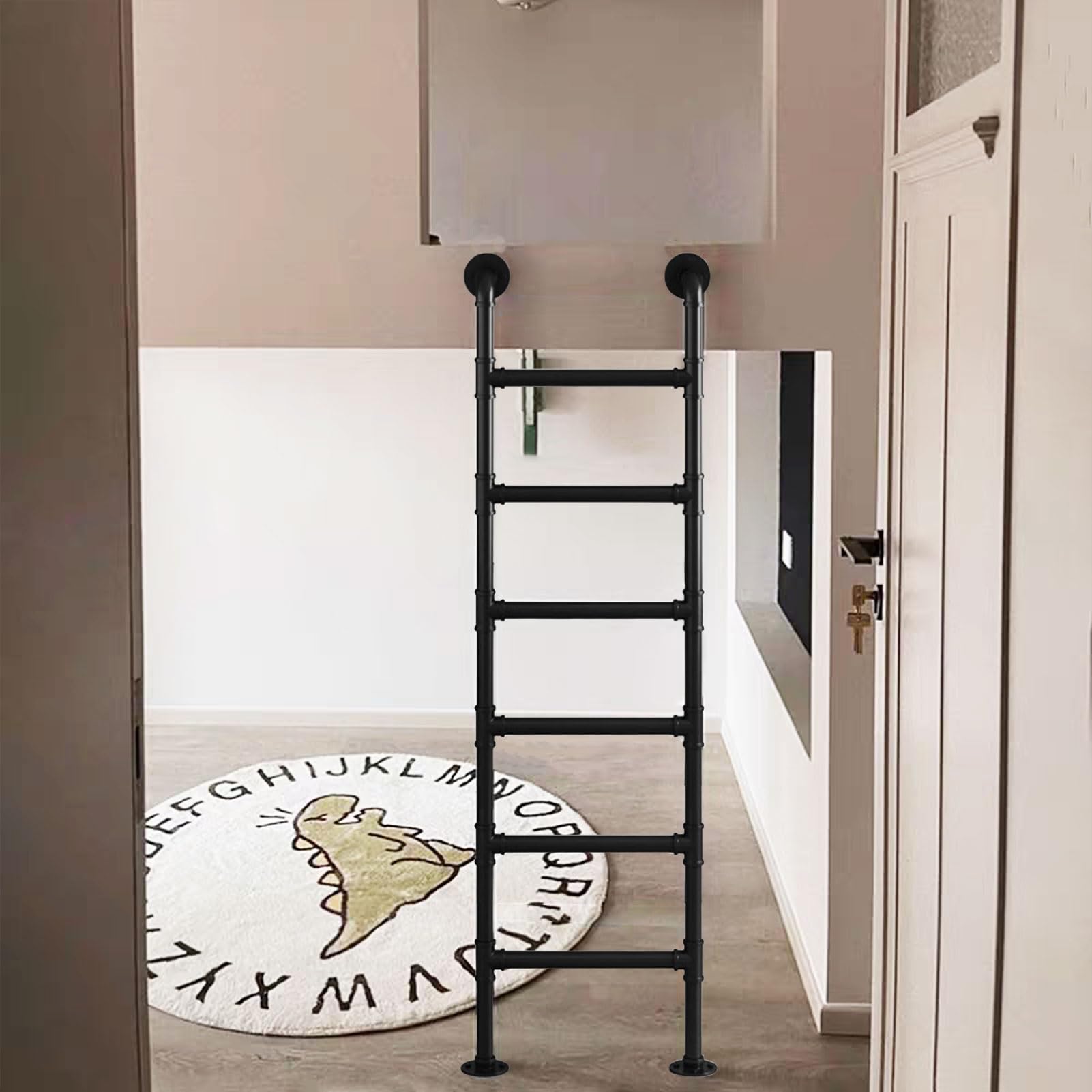 Escalera de metal para cama alta negra de 220 cm, fijación de pared multiusos para interior
