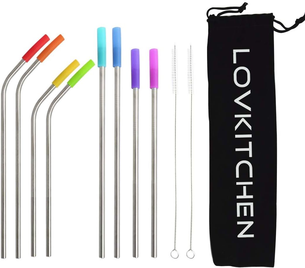 LOVKITCHEN Set of 8 Reusable Stainless Steel Straws with 1 Pouch,2 Cleaning Brushes,8 Silicone Tips, Eco Friendly Extra Long Metal Straws Drinking for 20&30oz Tumblers