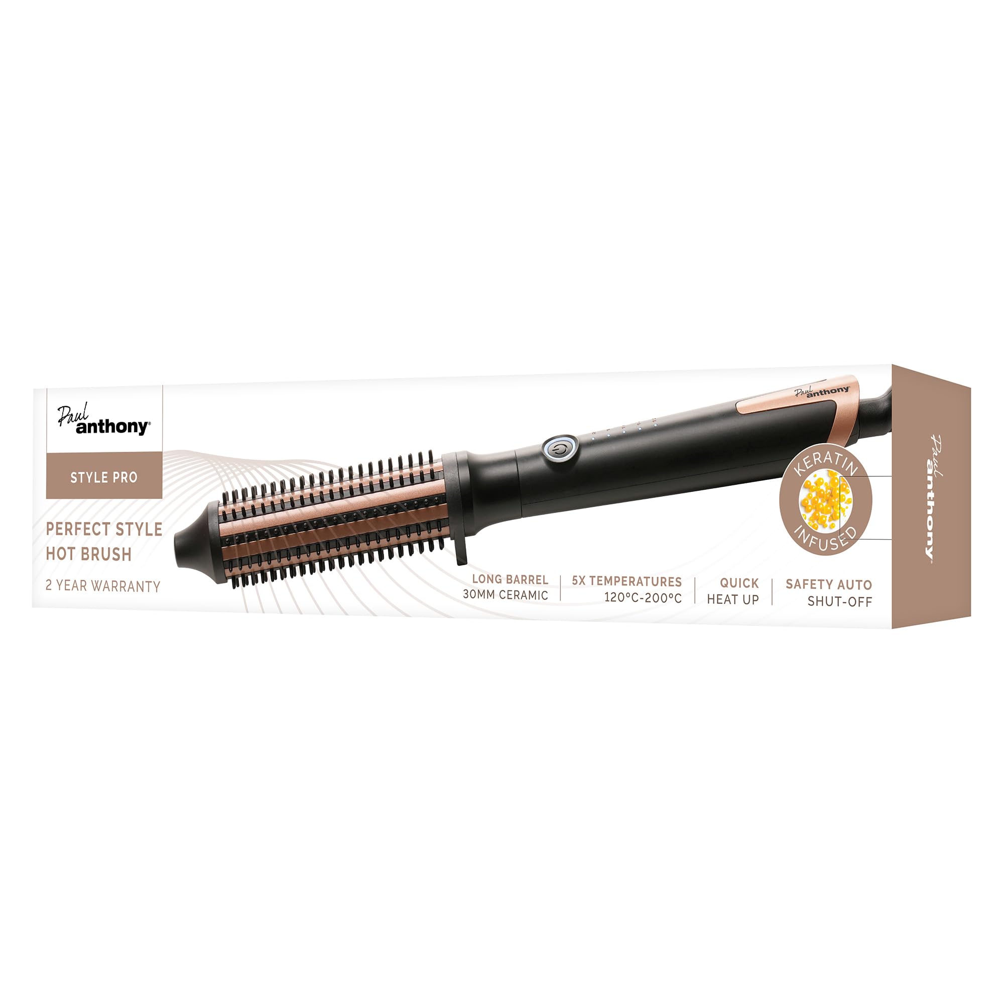 Paul Anthony 'StylePro' 30mm Ceramic Hot Brush Styler with Keratin, 5X temperatures, Quick Heat up, 60 Minutes Safety Cut Out - H2120