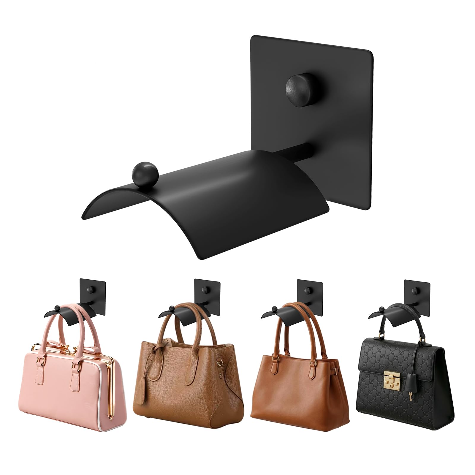 Metal Handbag Wall Hooks, Curved Bag Hanger, Space Saving,4 Pack ,Black — image 1