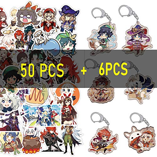 MUZHI Genshin Impact Merch Set-50 pcs Genshin Impact Stickers+6 pcs Genshin Impact Keychain (Genshin Impact Set)