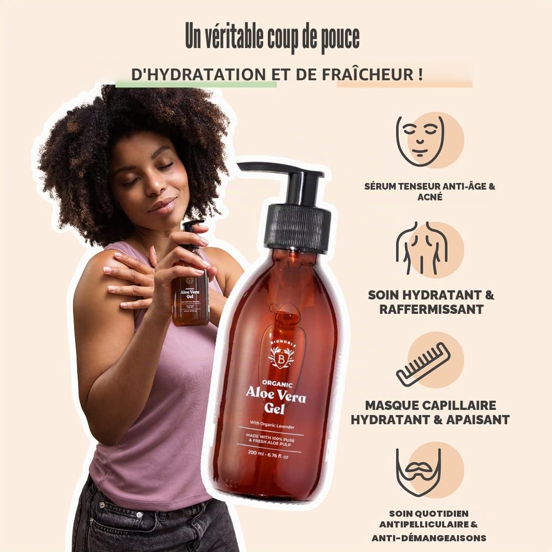 Bionoble Huile de Ricin Bio 500ml - 100% Pure, Naturelle et Pressée à Froid & Gel Aloe Vera Bio 100% Pur Aloe 200ml - Flacon Verre Recyclable + Pompe - Gel Aloe Vera Cheveux Bouclés
