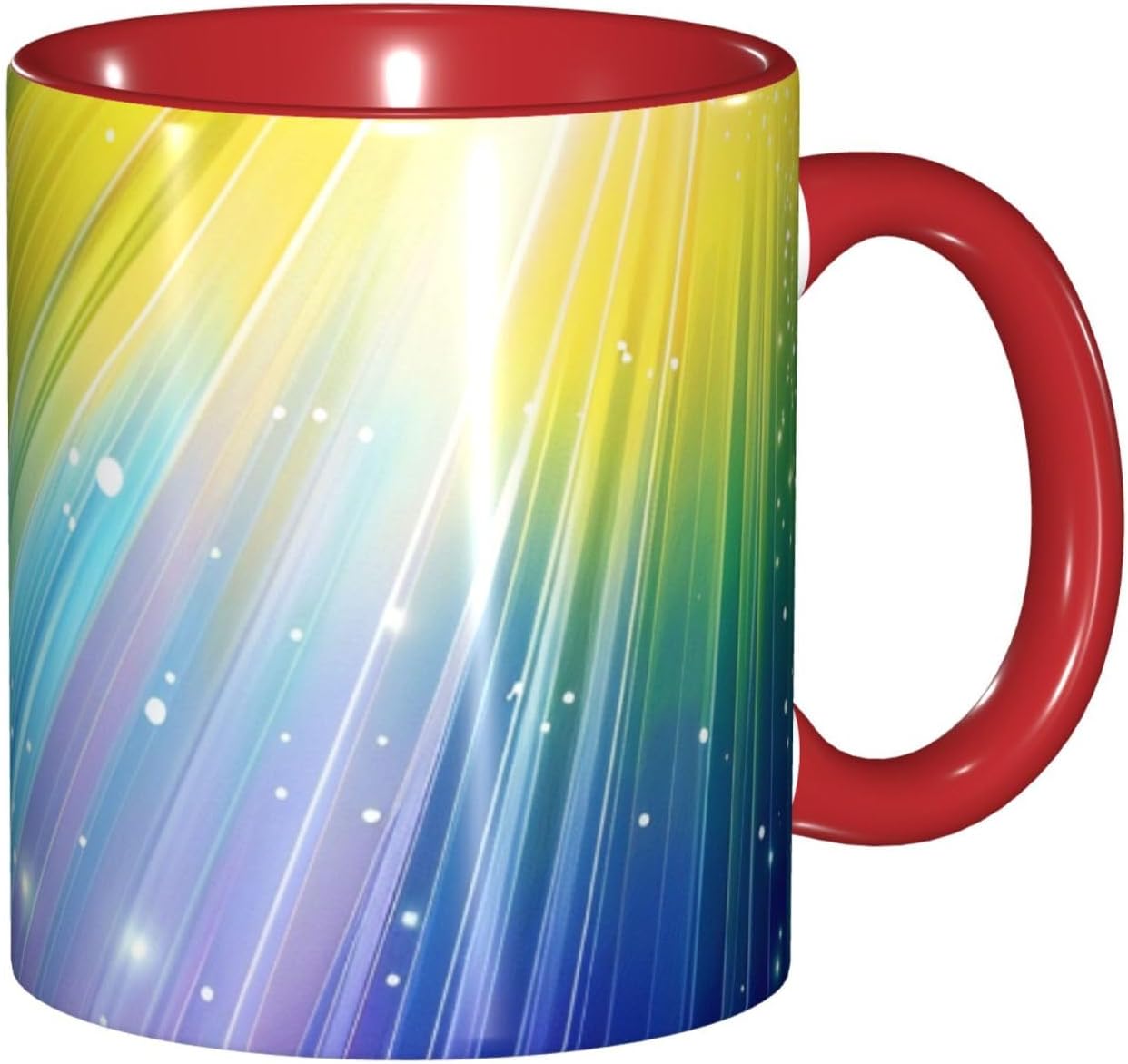 Cute Coffee Mugs with Rainbow Colorful Stripe Printing Chinese Coffee Mug Ceramic Tea Mugs with Handle, 11 oz, Red